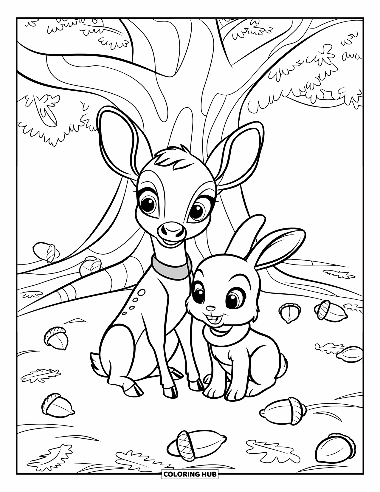 Deer Coloring Page for Kids: A deer and a rabbit share a quiet moment under a tree in a peaceful field
