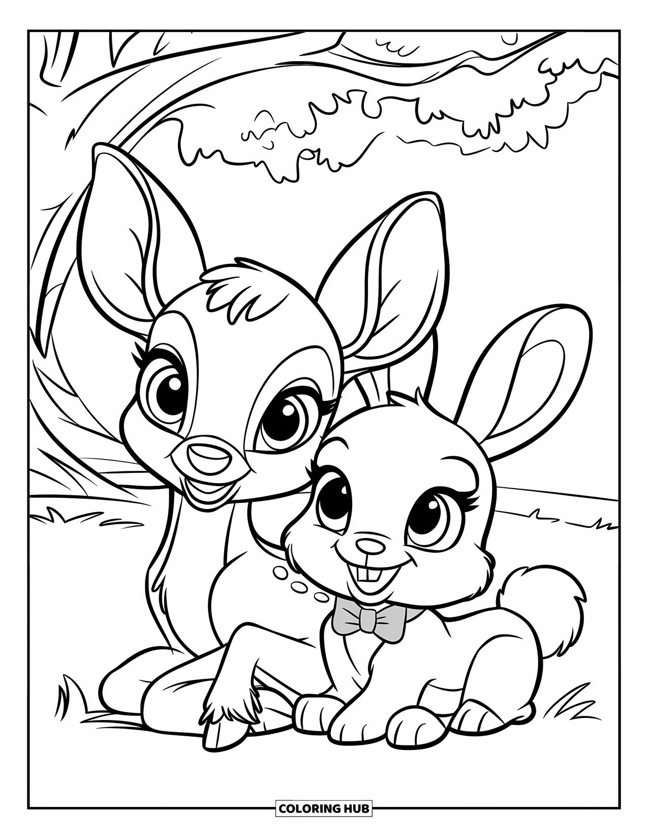 Deer Coloring Page for Kids: A deer and a rabbit sit together under a towering oak tree in a meadow