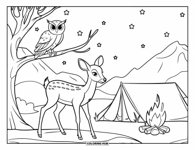 Coloriage de cerfs pour enfants : Un cerf et une chouette contemplent le ciel étoilé dans un campement paisible