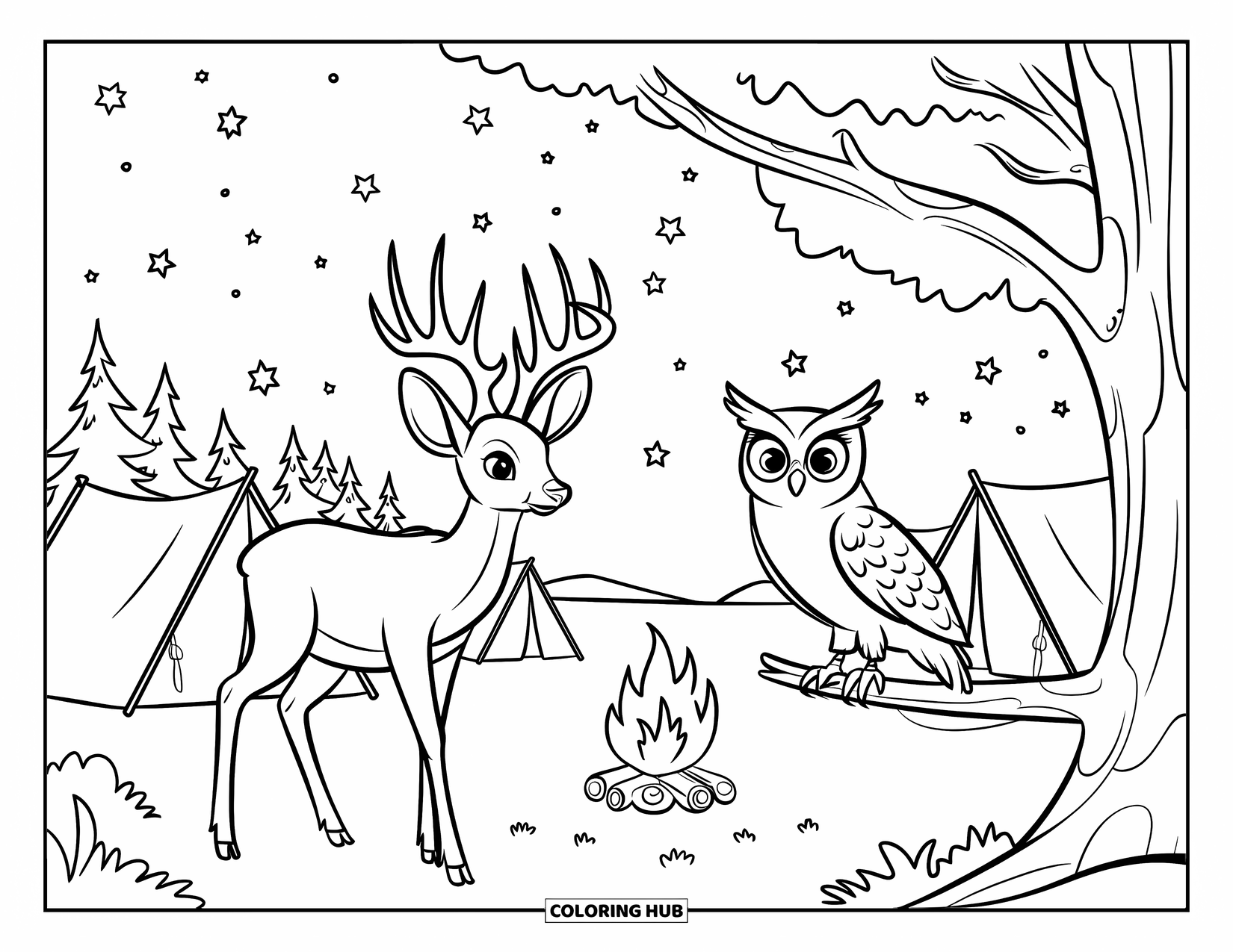 Deer Coloring Page for Kids: A deer and an owl share a quiet moment in a campsite under a starry sky