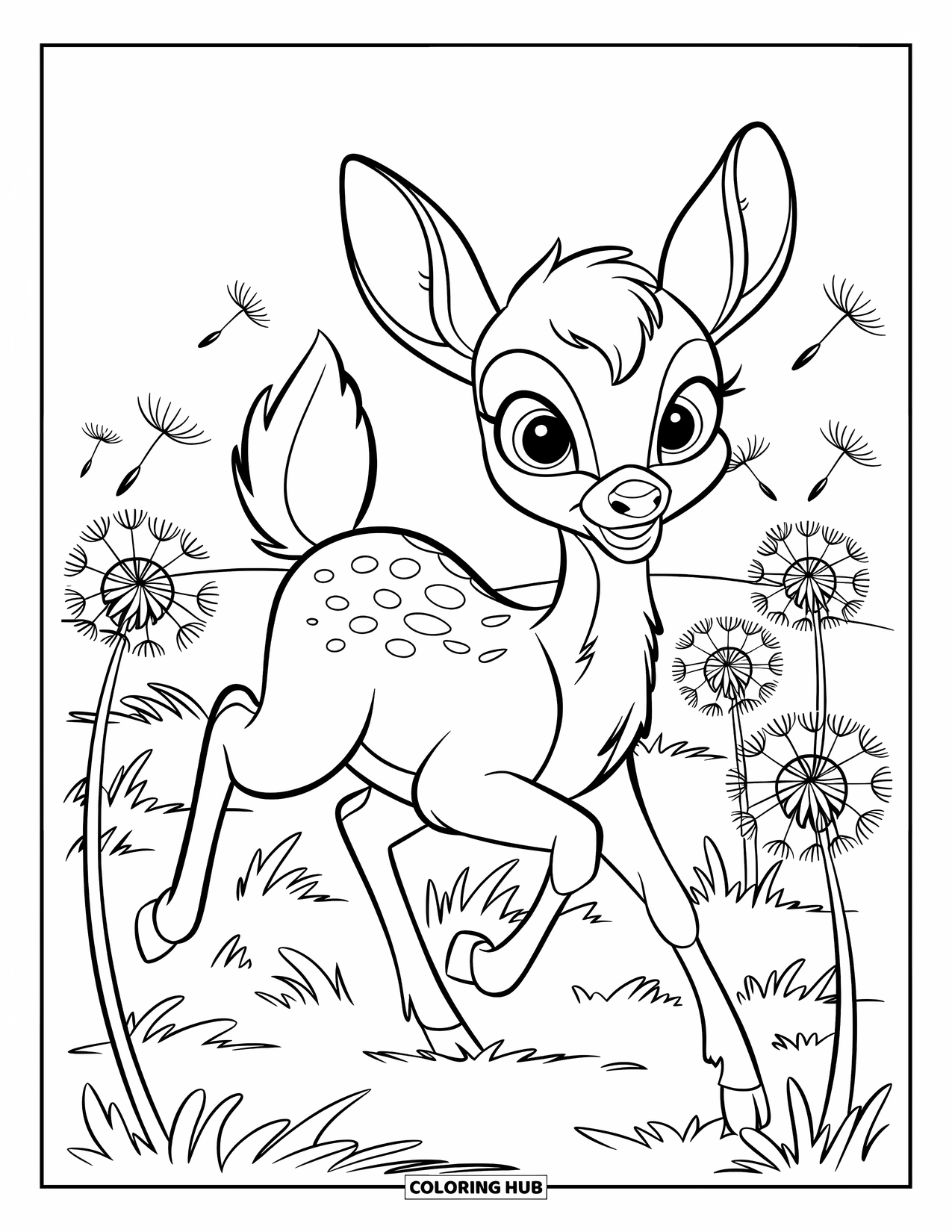 Deer Coloring Page for Kids: A deer joyfully runs through a field of dandelions, scattering seeds into the breeze