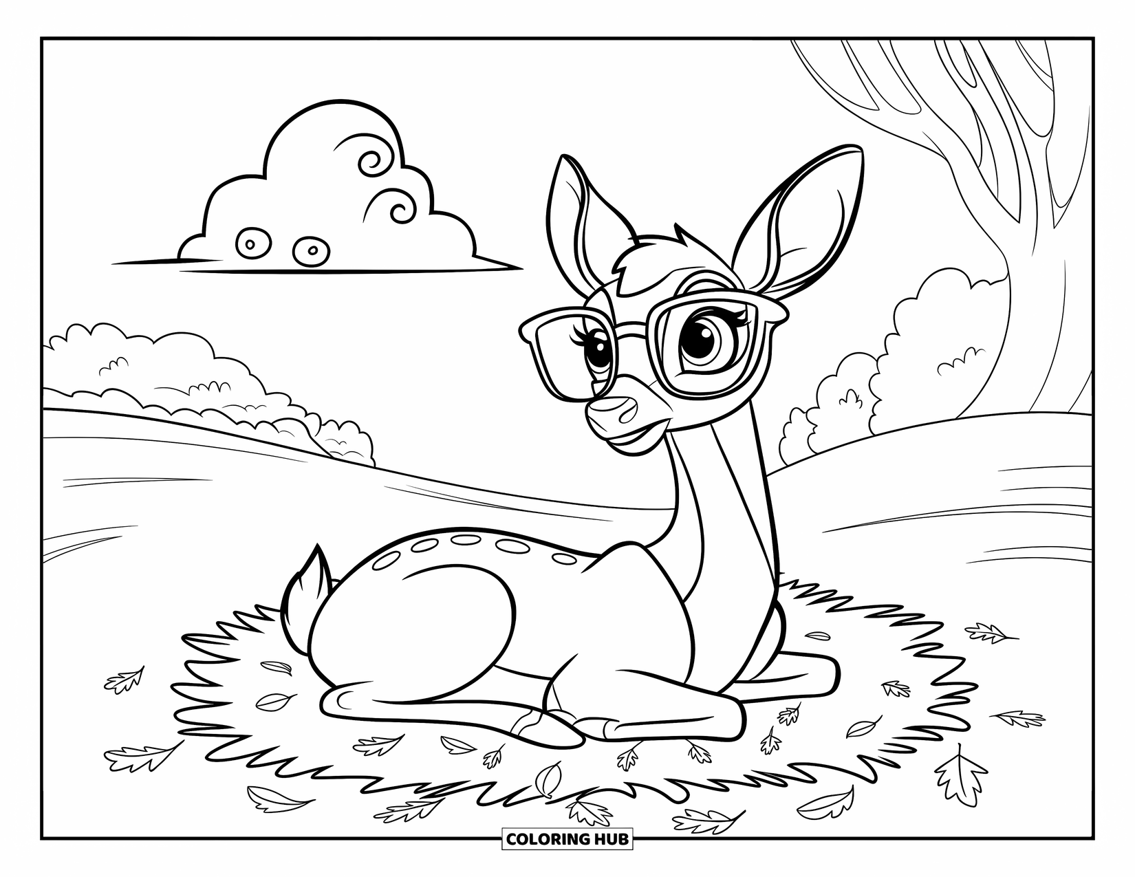 Deer Coloring Page for Kids: A deer lies on a bed of autumn leaves, gazing up at a drifting cloud