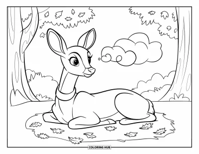 Coloriage de cerfs pour enfants : Un cerf se détend sur des feuilles d’automne, regarde le ciel et porte un collier décoratif