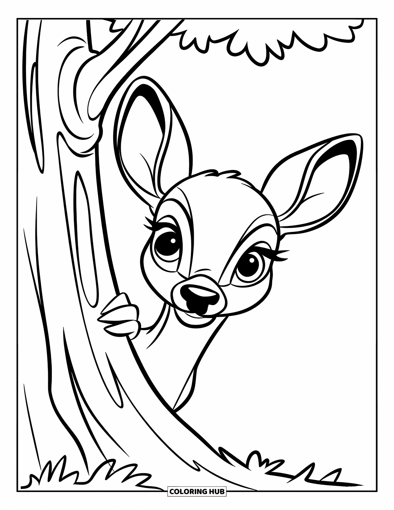 Deer Coloring Page for Kids: A deer peeks from behind a thick tree trunk in a quiet woodland