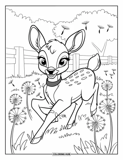 Coloriage de cerfs pour enfants : Un cerf bondit dans un champ de pissenlits pendant que les graines flottent dans le vent