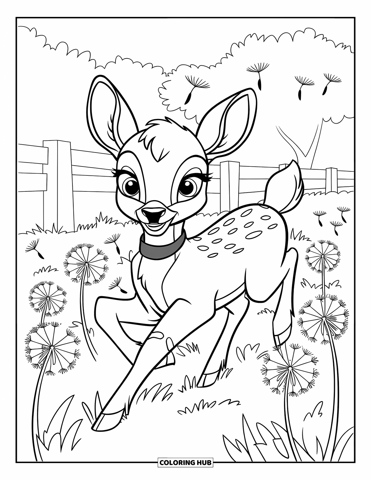 Deer Coloring Page for Kids: A deer prances through a field of dandelions with seeds floating in the wind