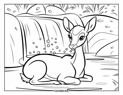 Coloriage de cerfs pour enfants : Un cerf se détend près d’une cascade enchantée, entouré d’orbes lumineuses et d’un décor forestier paisible
