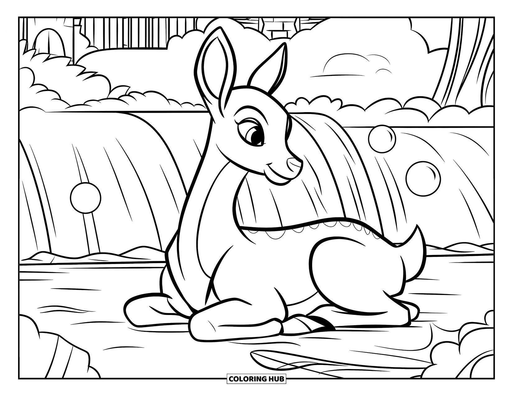 Deer Coloring Page for Kids: A deer rests by a waterfall with glowing orbs, a castle, and lush greenery