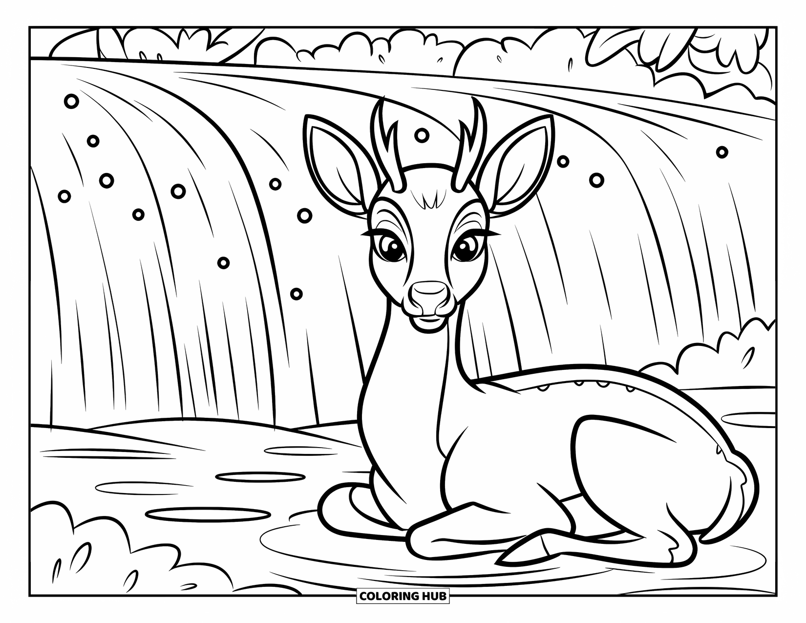 Deer Coloring Page for Kids: A deer rests near a magical waterfall surrounded by glowing orbs and lush greenery