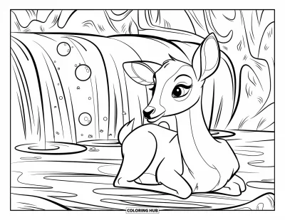 Coloriage de cerfs pour enfants : Un cerf se repose près d’une cascade enchantée, avec des orbes lumineuses et un décor mystique