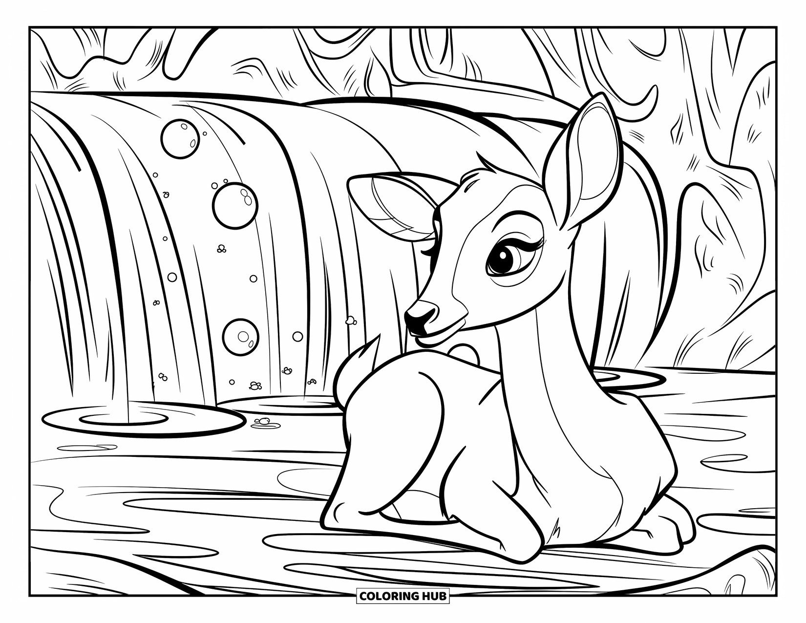 Deer Coloring Page for Kids: A deer rests near an enchanted waterfall with glowing orbs and a mystical background