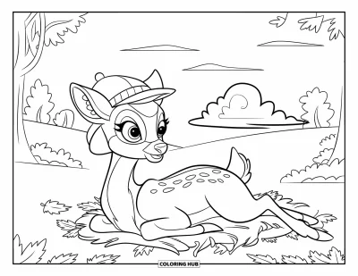 Coloriage de cerfs pour enfants : Un cerf se repose sur des feuilles d’automne tombées, en regardant les nuages passer dans le ciel