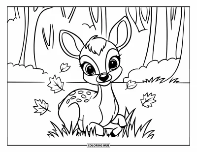 Coloriage de cerfs pour enfants : Un cerf est assis parmi des feuilles d’automne éparpillées, entouré de grands arbres