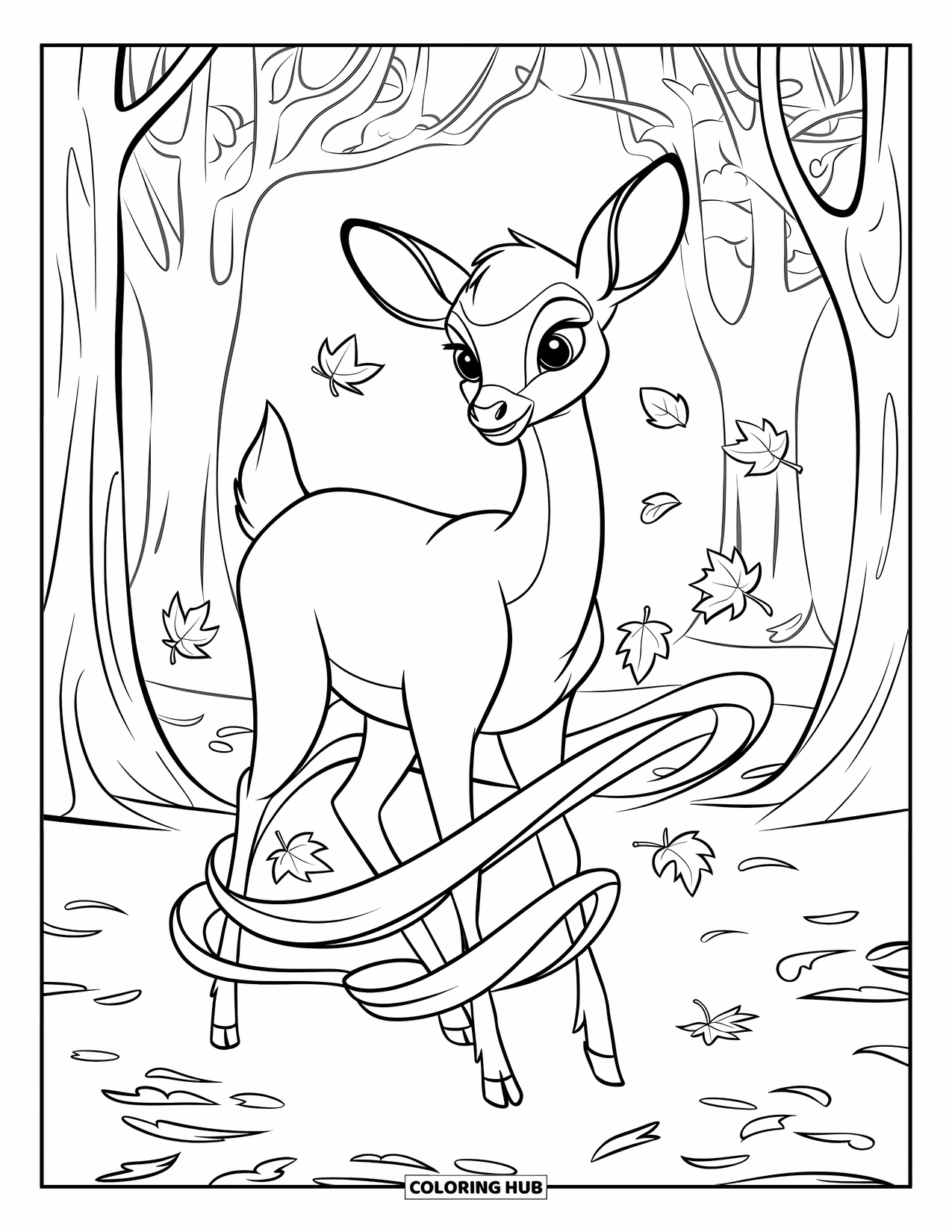 Deer Coloring Page for Kids: A deer stands calmly as swirling leaves dance around its legs in an autumn breeze