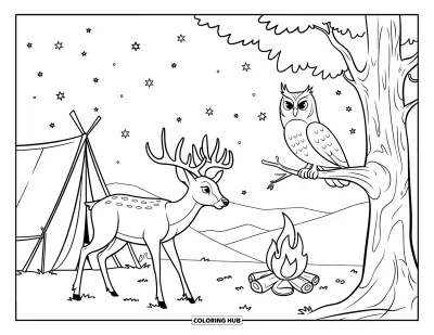 Coloriage de cerfs pour enfants : Un cerf se tient près d’une tente et d’un feu de camp pendant qu’une chouette observe depuis une branche