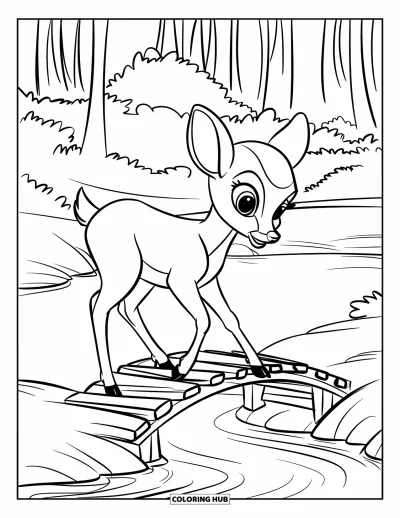 Coloriage de cerfs pour enfants : Un cerf se tient sur un petit pont au-dessus d’un ruisseau dans une forêt tranquille