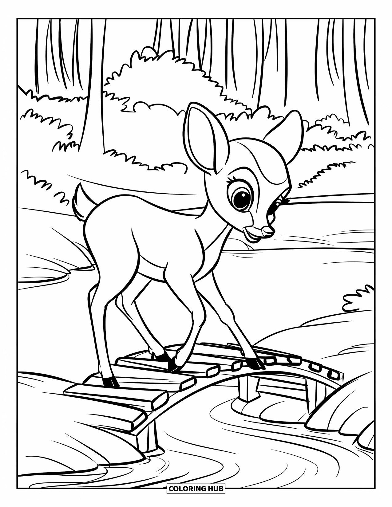 Deer Coloring Page for Kids: A deer stands on a small bridge over a creek in a quiet forest