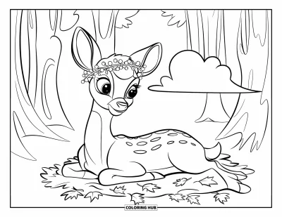 Coloriage de cerfs pour enfants : Un cerf portant une couronne festive se repose parmi des feuilles d’automne sous un ciel paisible