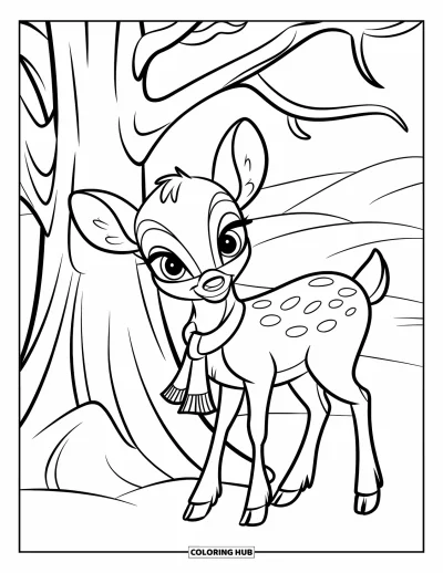 Coloriage de cerfs pour enfants : Un cerf portant une petite écharpe se tient près d’un arbre couvert de neige en hiver