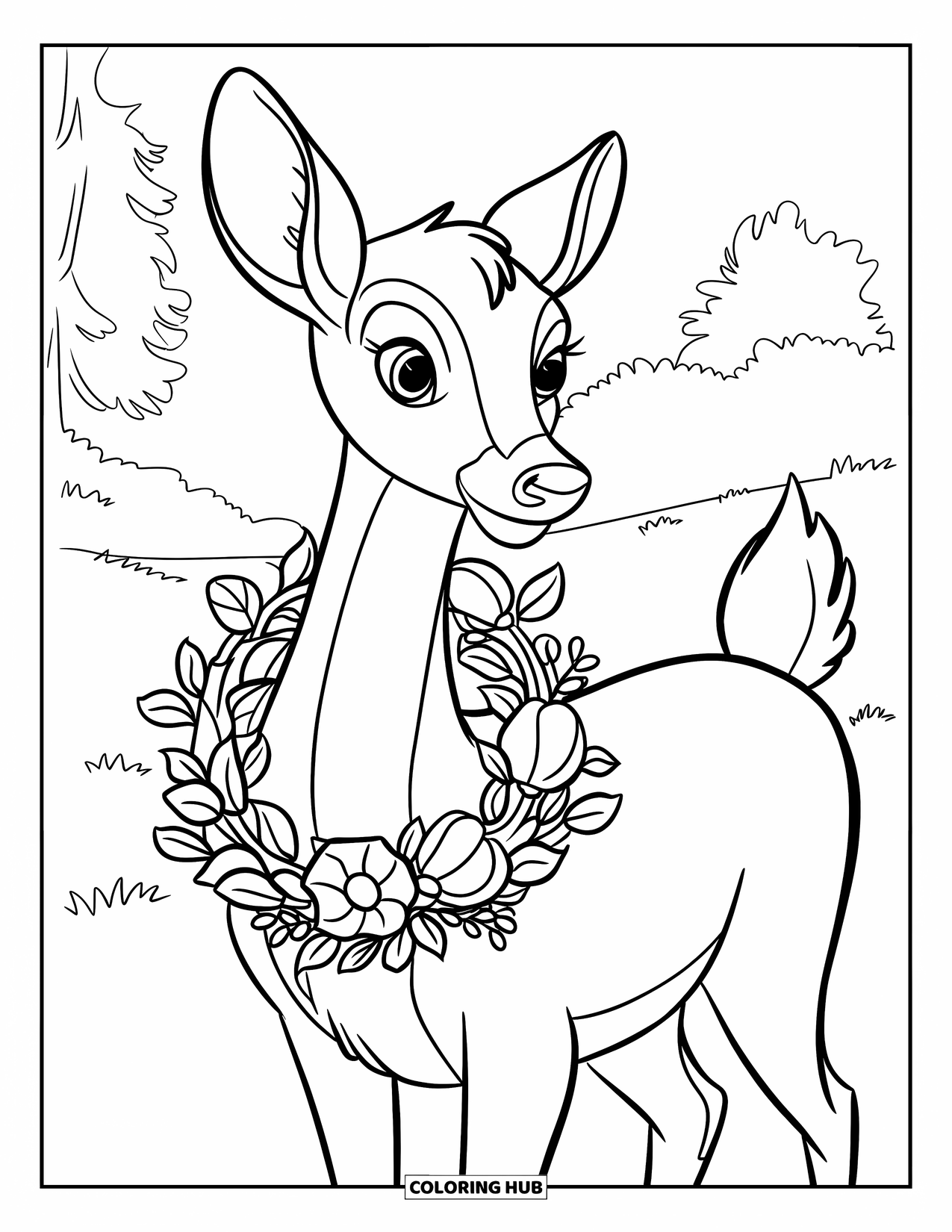 Deer Coloring Page for Kids: A deer wears a floral wreath while standing gracefully in a peaceful grassy field