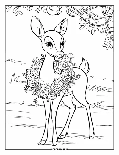 Coloriage de cerfs pour enfants : Un cerf porte une couronne élaborée de fleurs et de lianes tout en se tenant sur l’herbe