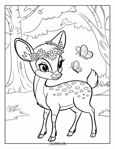 Coloriage de cerfs pour enfants : Un cerf avec une couronne florale et des papillons se tient dans une forêt aux grands arbres