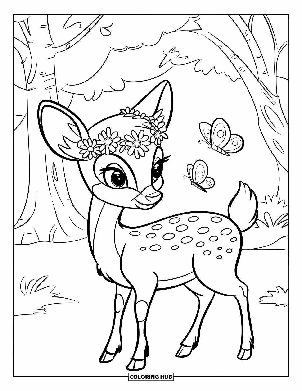 Deer Coloring Page for Kids: A deer with a floral crown and butterflies stands in a forest with tall trees