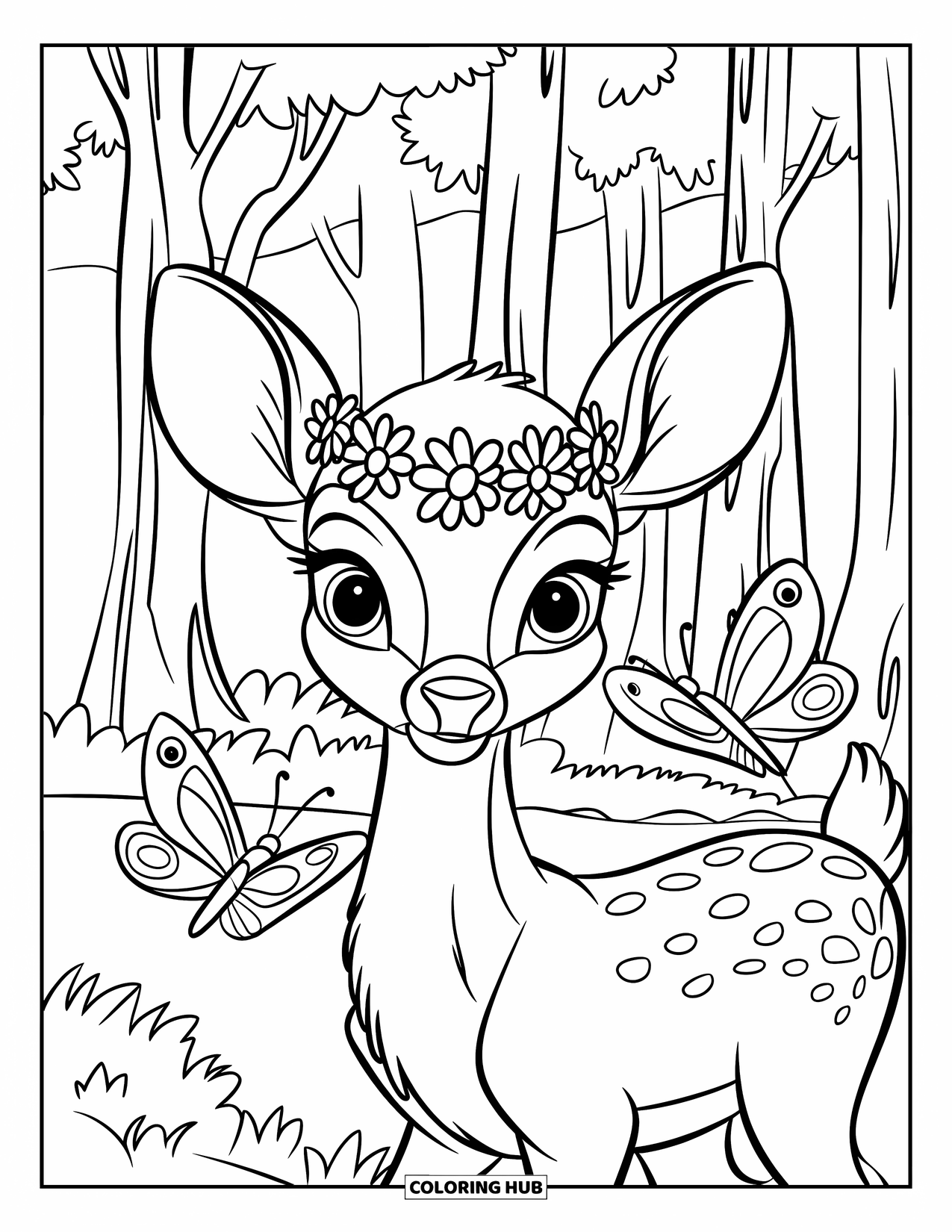Deer Coloring Page for Kids: A deer with a floral crown stands among tall trees, surrounded by butterflies