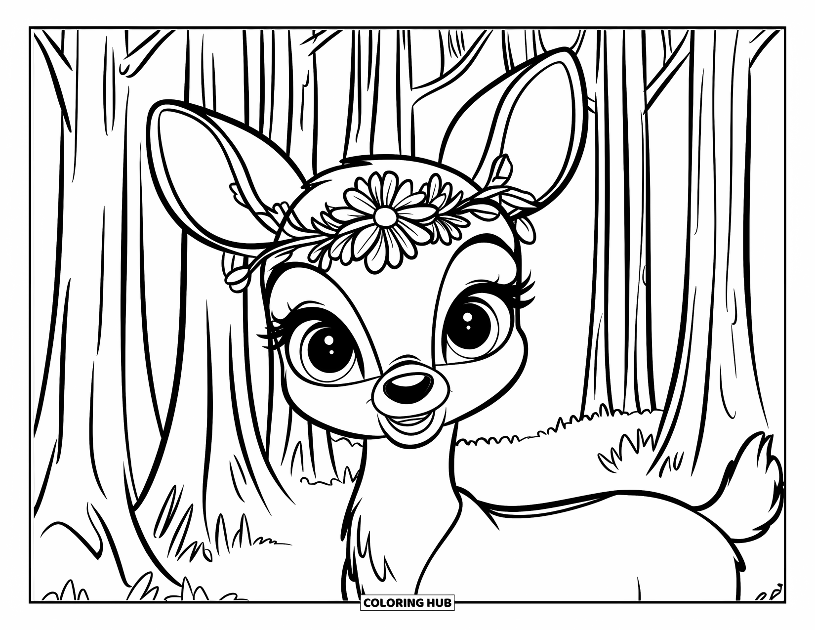 Deer Coloring Page for Kids: A deer with a flower crown stands gracefully in a forest clearing