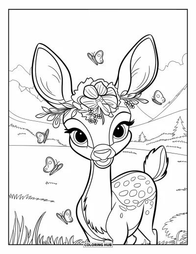 Coloriage de cerfs pour enfants : Un cerf avec une couronne de fleurs se tient dans un champ herbeux au paysage serein