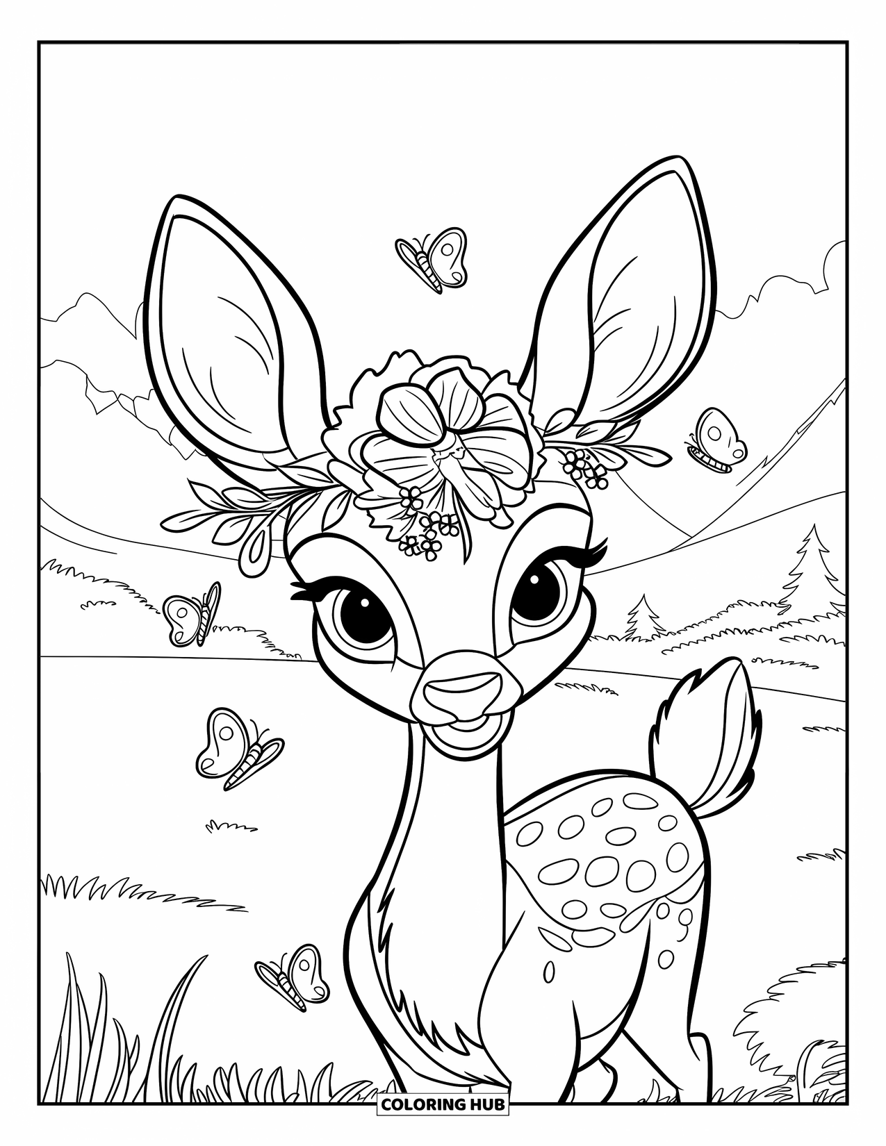 Deer Coloring Page for Kids: A deer with a flower crown stands in a grassy field with a serene landscape