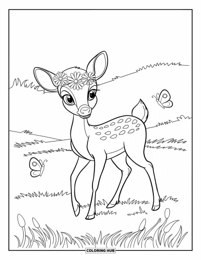 Coloriage de cerfs pour enfants : Un cerf avec une couronne de fleurs se tient dans un champ paisible, avec des papillons à proximité