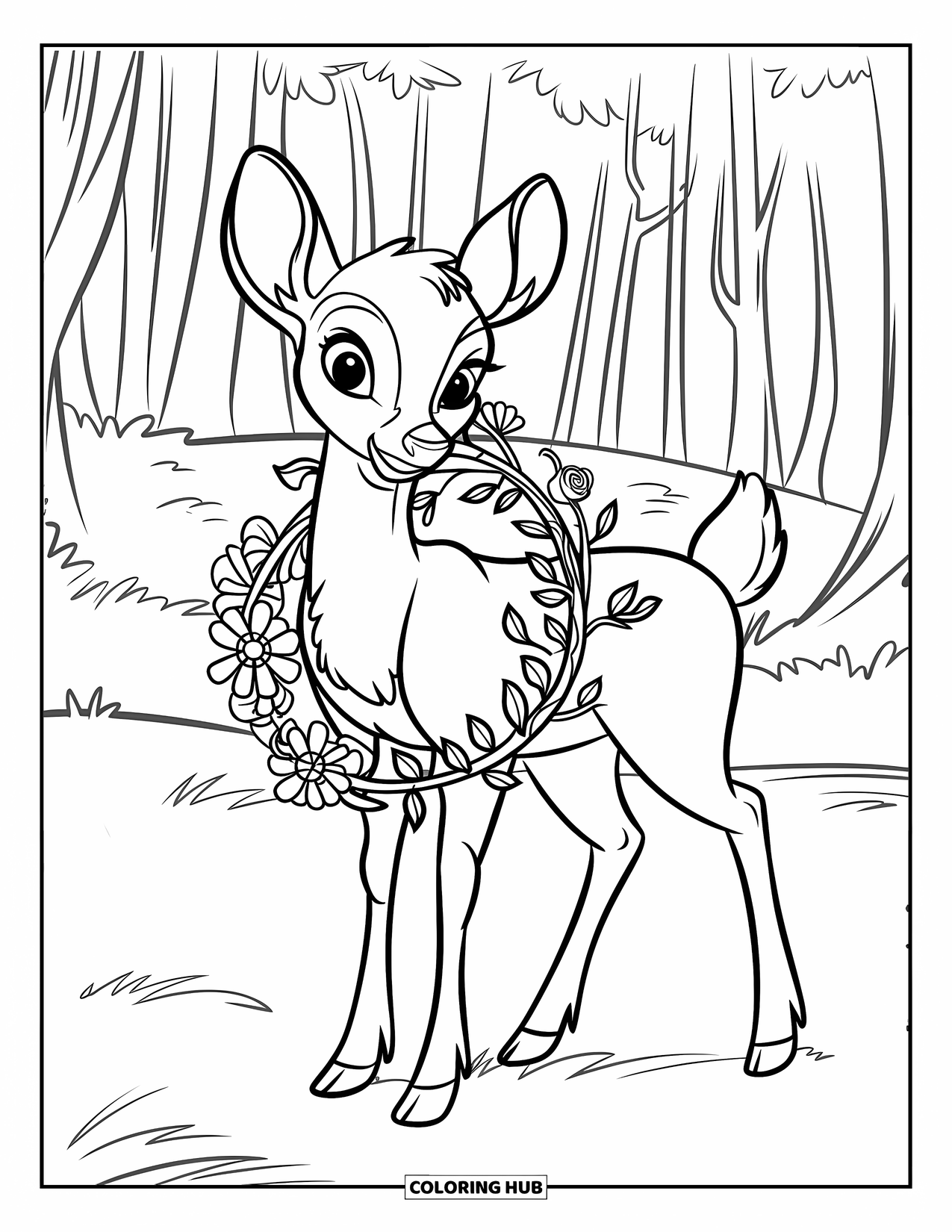 Deer Coloring Page for Kids: A deer with a flower wreath stands in a serene forest filled with lush greenery