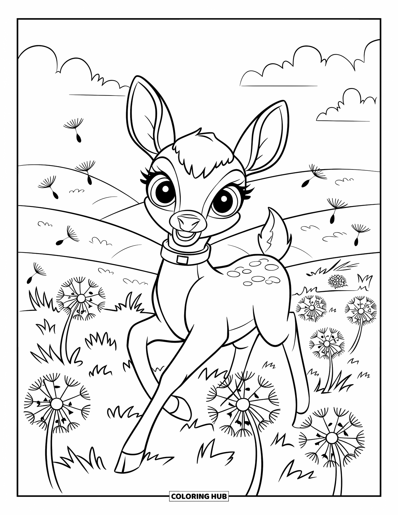 Deer Coloring Page for Kids: A deer with a fluffy tail dashes through a field of blooming dandelions