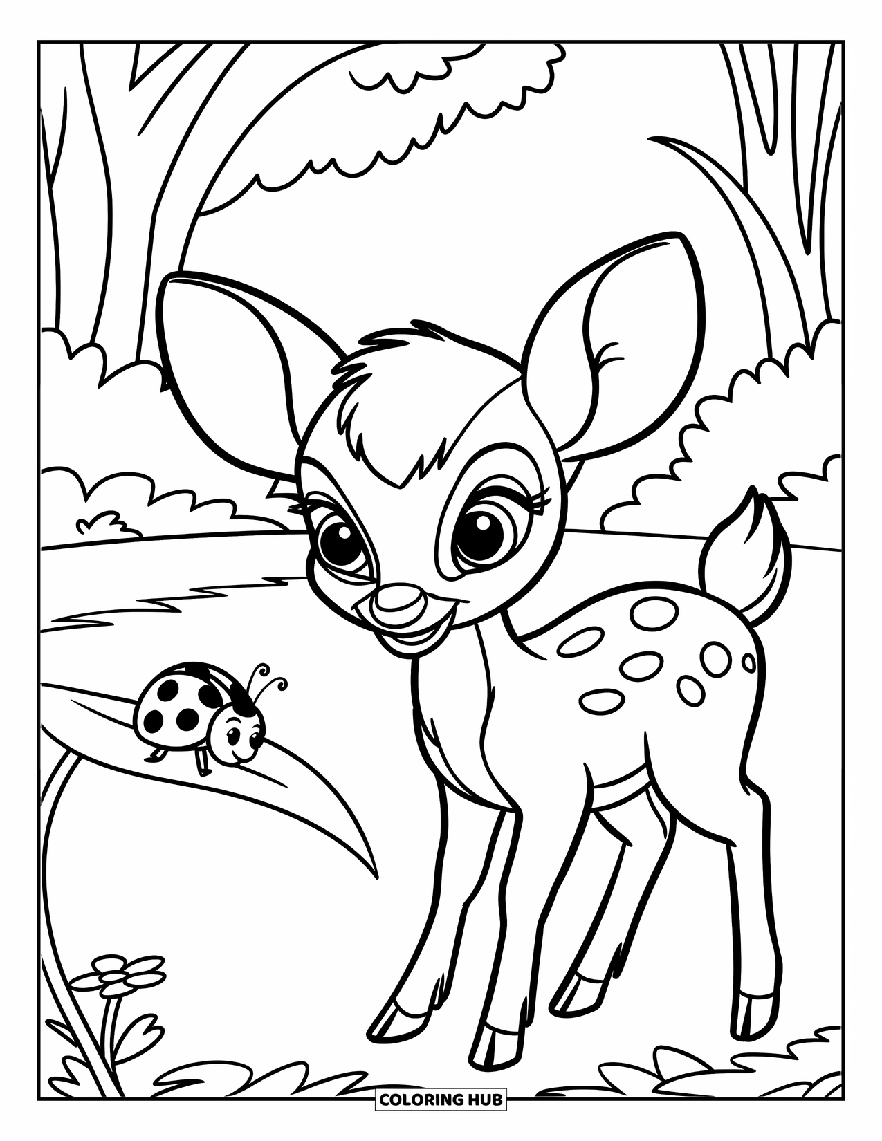 Deer Coloring Page for Kids: A deer with a round belly stands near a ladybug on a leaf in the woods