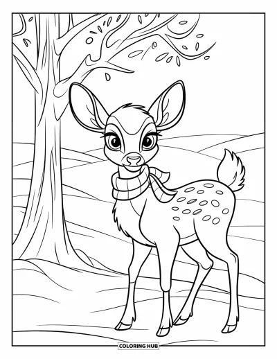 Coloriage de cerfs pour enfants : Un cerf avec une écharpe se tient près d’un arbre enneigé dans un paysage d’hiver paisible
