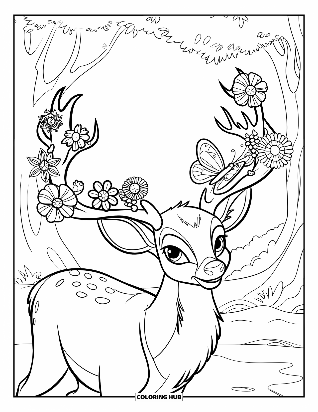 Deer Coloring Page for Kids: A deer with blooming flowers on its antlers stands gracefully in a green forest