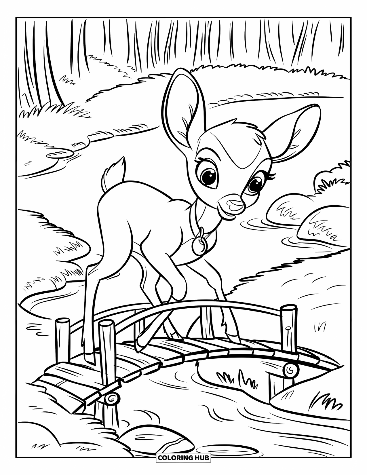 Deer Coloring Page for Kids: A deer with expressive eyes crosses a wooden bridge over a peaceful forest creek