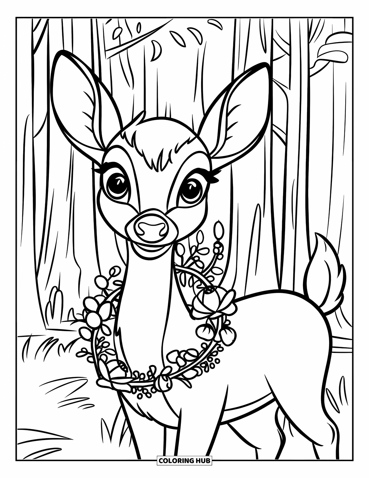 Deer Coloring Page for Kids: A deer with expressive eyes wears a floral wreath while standing among tall trees