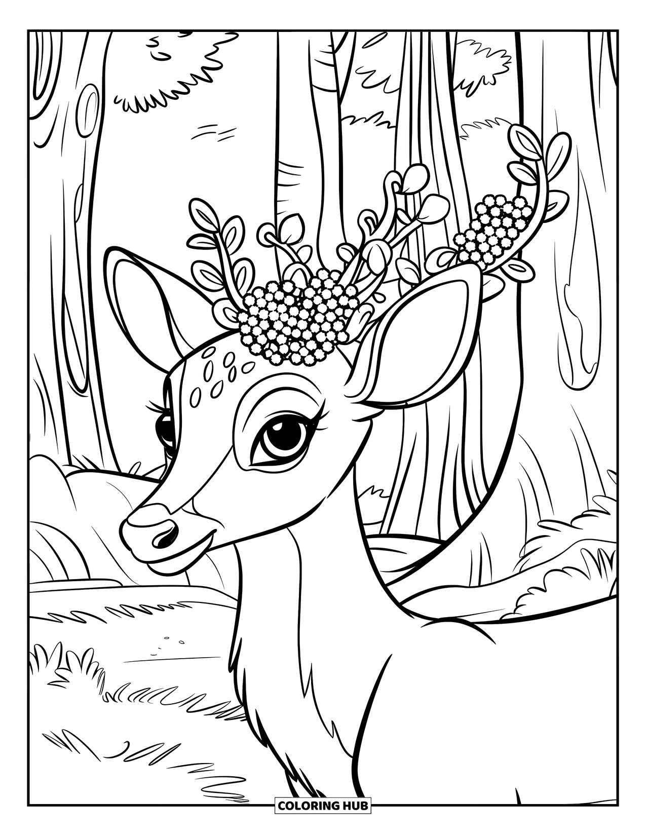 Deer Coloring Page for Kids: A deer with floral-adorned antlers stands in a lush forest with tall trees