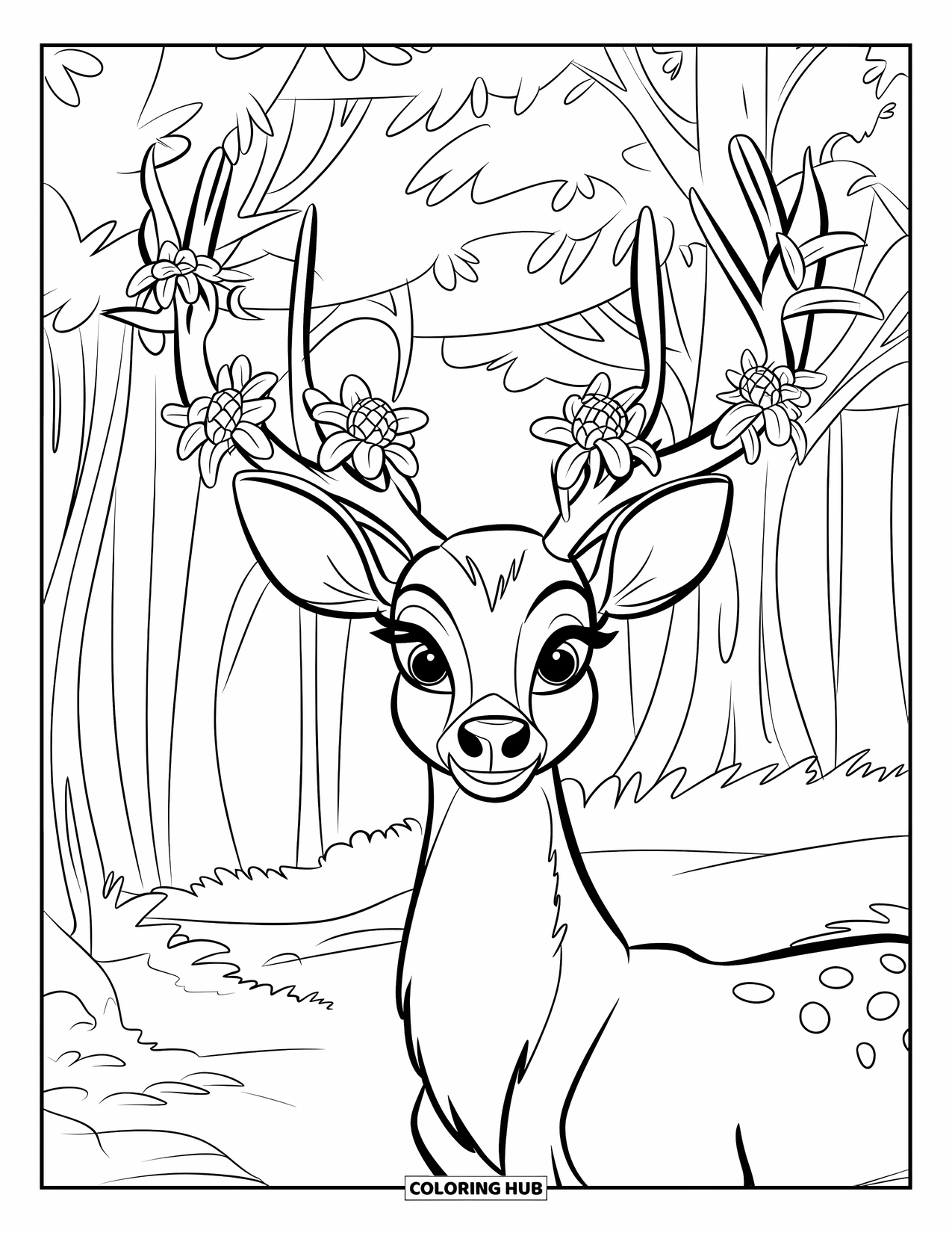 Deer Coloring Page for Kids: A deer with flower-covered antlers stands among trees as a butterfly rests nearby