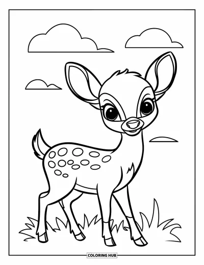 Coloriage de cerfs pour enfants : Un cerf aux bois courts se tient sur l’herbe sous un ciel aux nuages duveteux