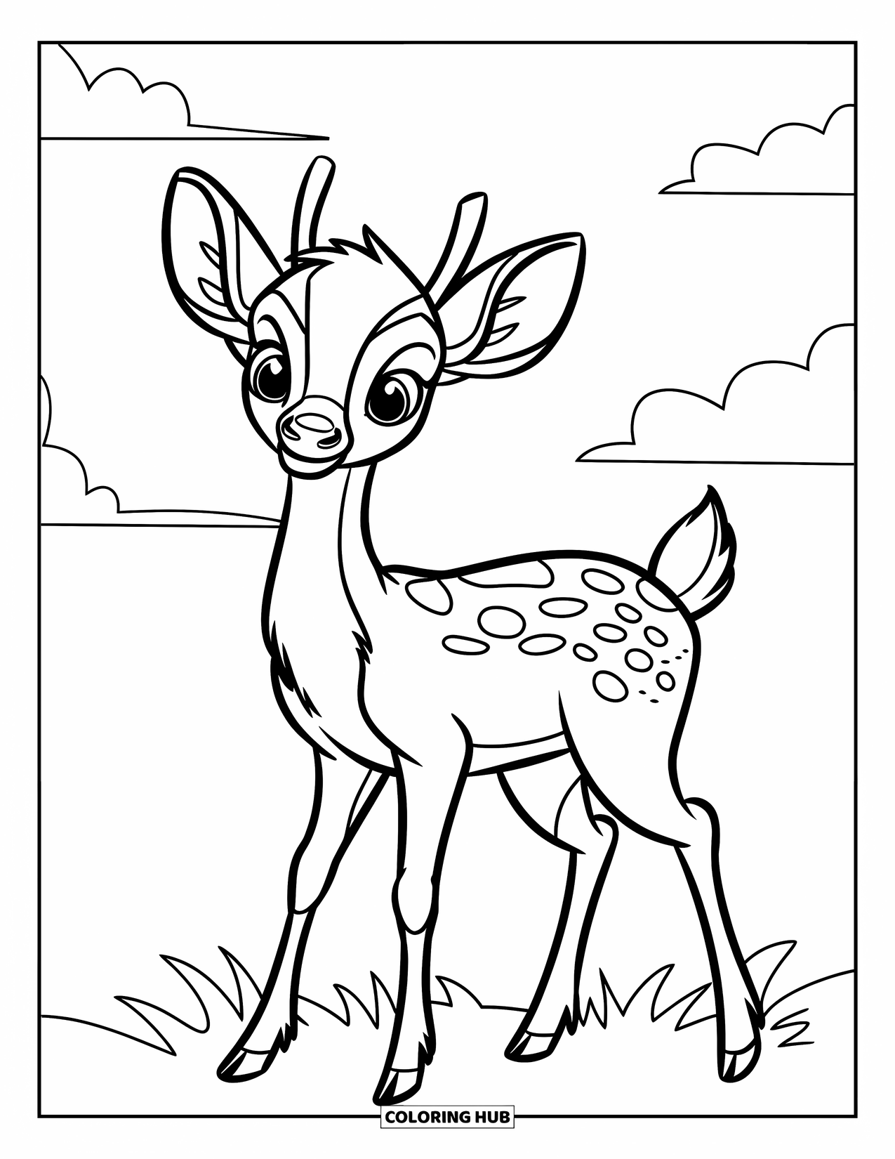 Deer Coloring Page for Kids: A deer with small antlers stands in a grassy field beneath a cloudy sky