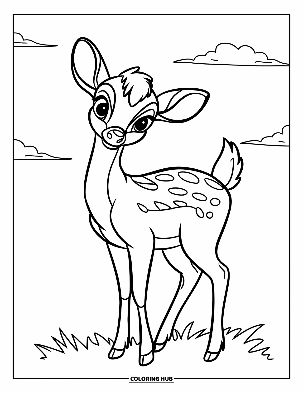 Deer Coloring Page for Kids: A deer with tiny antlers stands in a meadow under a vast open sky