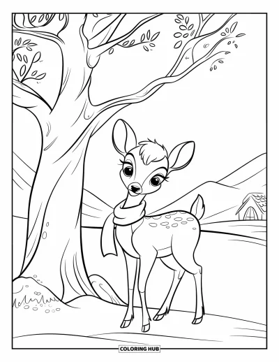 Coloriage de cerfs pour enfants : Un cerf enveloppé dans une écharpe se tient près d’un arbre enneigé, avec des collines ondulantes derrière