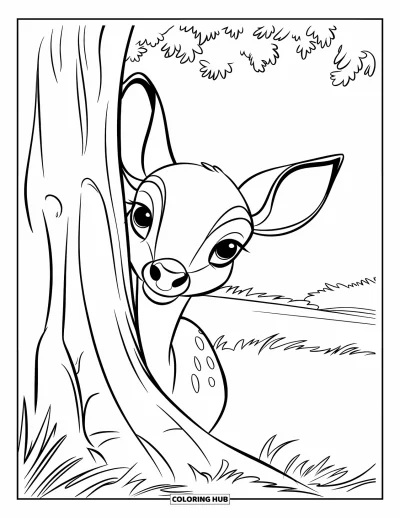 Coloriage de cerfs pour enfants : Le visage d’un cerf apparaît derrière un arbre, avec ses petites oreilles visibles