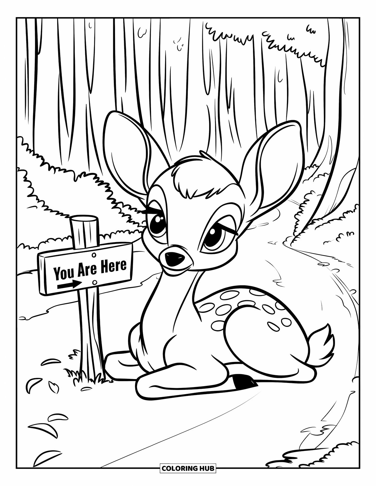 Deer Coloring Page for Kids: A fawn relaxes near a signpost on a leaf-covered trail surrounded by trees