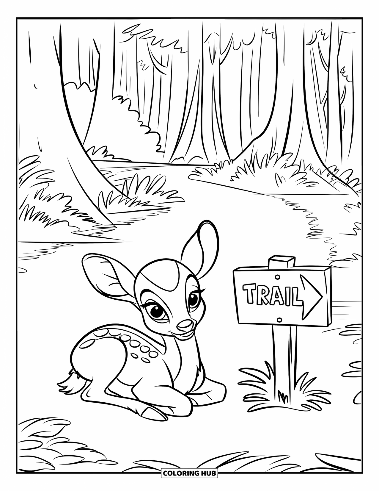 Deer Coloring Page for Kids: A fawn rests beside a wooden signpost on a peaceful forest trail
