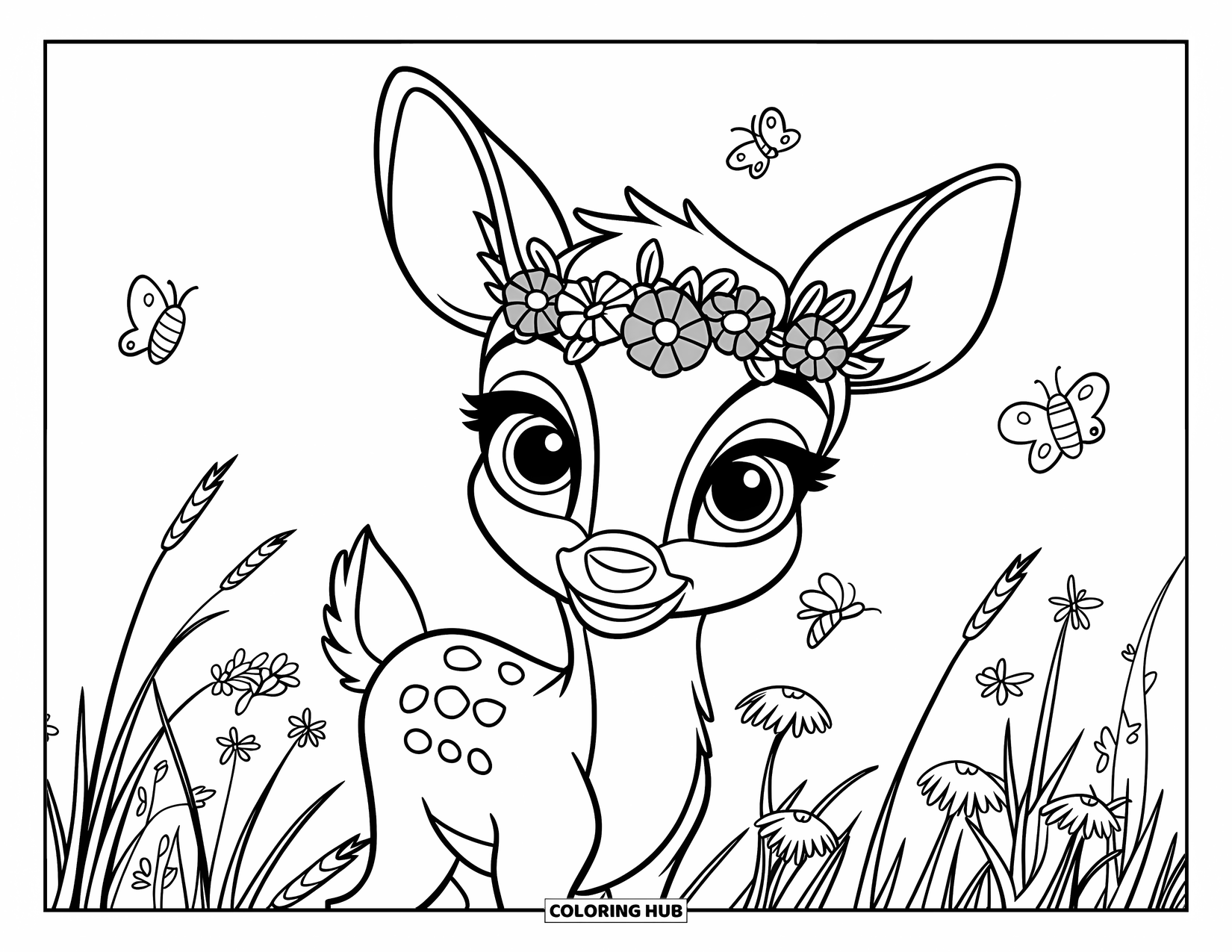Deer Coloring Page for Kids: A gentle deer wearing a floral crown stands in a meadow with blooming flowers