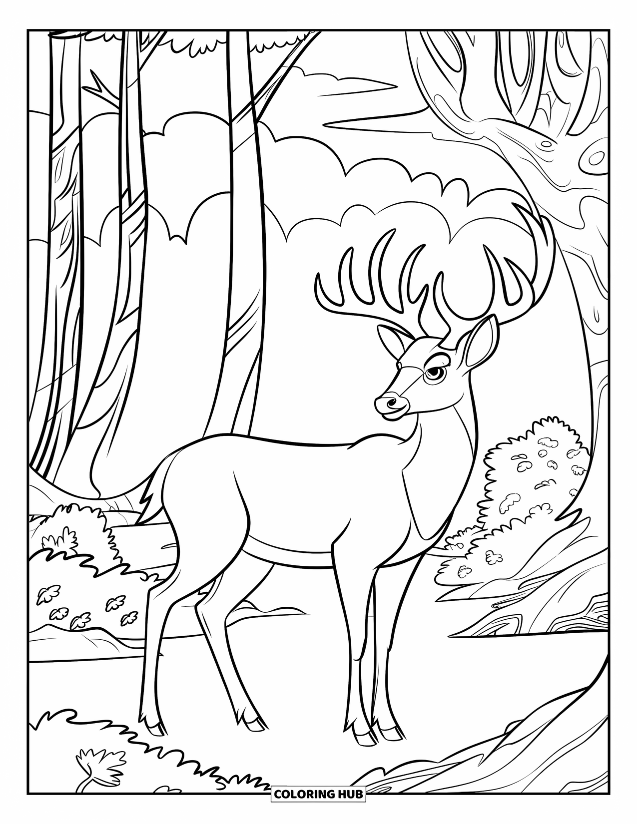 Deer Coloring Page for Kids: A majestic deer with curling antlers stands in a forest filled with gnarled trees